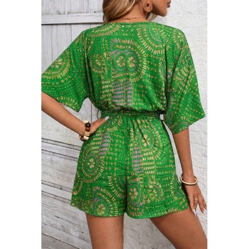 Kadın Kısa Kollu Kruvaze Yakalı Belden Kuşaklı Desenli Kısa Süprem Tulum