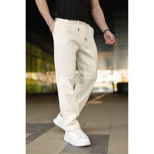 Erkek Keten Cepli Pantolon Lastikli Bel Bağcıklı Önden Fermuarlı - Krem