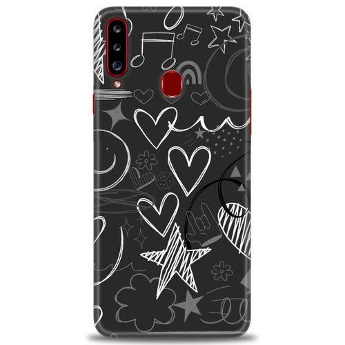 Samsung Galaxy A20S Kılıf HD Baskılı Kılıf - Siyah Kalp ve Notalar + Tam Ekran Koruyucu