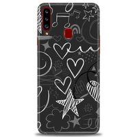 Samsung Galaxy A20S Kılıf HD Baskılı Kılıf - Siyah Kalp ve Notalar + Tam Ekran Koruyucu