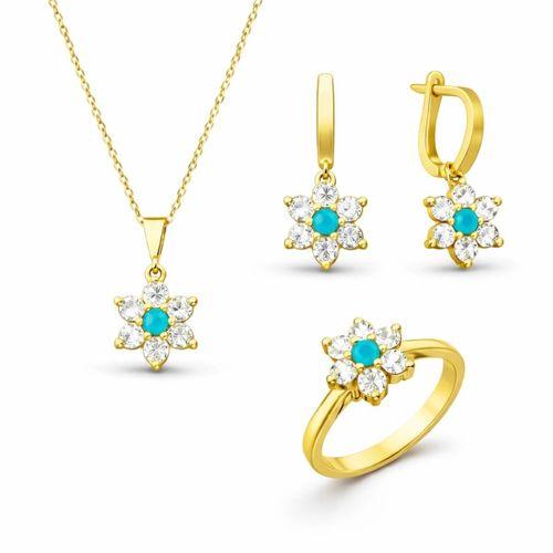 Gümüş Mavi Taşlı Gold Çiçek Kadın Set