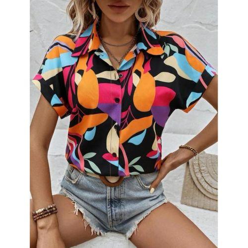 Kadın Moss Krep Kumaş Kısa Kol Çiçek Desenli Gömlek