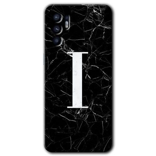 Oppo Reno 6 Kılıf HD Desen Baskılı Arka Kapak + Temperli Cam - Siyah Mermer Desenli I Harfi
