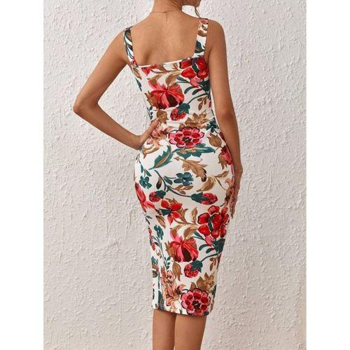 Kadın Askılı Kare Yakalı Yırtmaçlı çiçek Desenli Dalgıç Elbise