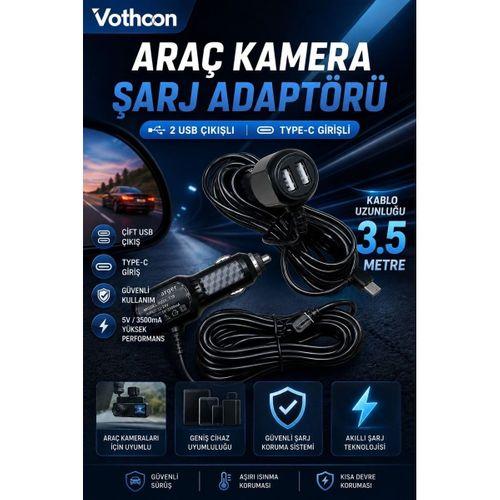 Araç Kamera Şarj Adaptörü 2 Usb’li Type-c Girişli 3.5 Metre Kablo Uzunluğu(ürün Kamera Değildir)