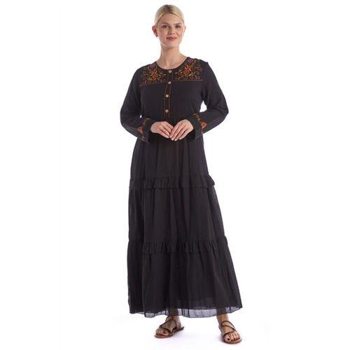 Uzun Kol Bisiklet Yaka Nakışlı Vual Siyah İlkbahar & Yazlık Elbise