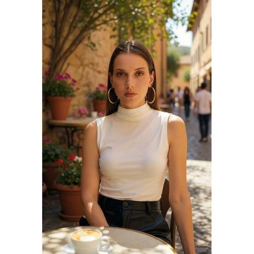 Kadın Beyaz Kolsuz Balıkçı Yaka Basic Bluz Şık Minimal Üst Giyim
