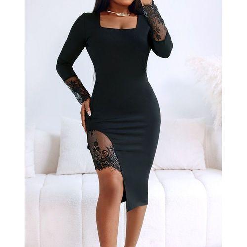 Kadın Uzun Kollu Geometrik Yakalı Dantel Detaylı Midi Ithal Krep Elbise