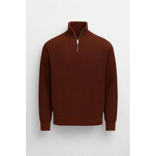 Nolan Oversize Selanik Örgü Yarım Fermuar Erkek Triko Kazak - Kahve