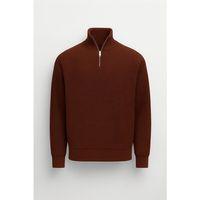 Nolan Oversize Selanik Örgü Yarım Fermuar Erkek Triko Kazak - Kahve