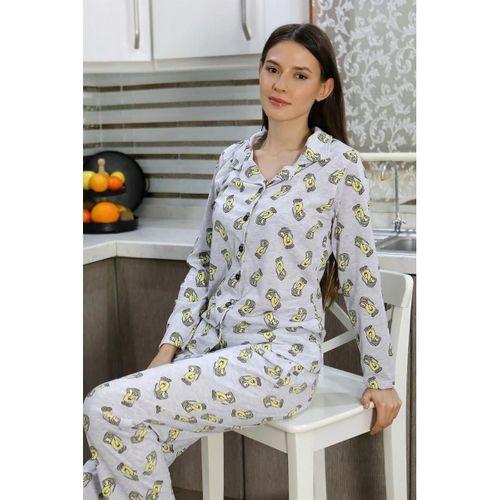 Kadın Pamuk Penye Önden Düğmeli Uzun Kol Pijama Takım Gri