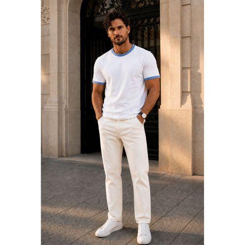 Capra Yaka Kol Biyeli Basic Pamuk Likralı İki İplik Erkek T-Shirt - Ekru