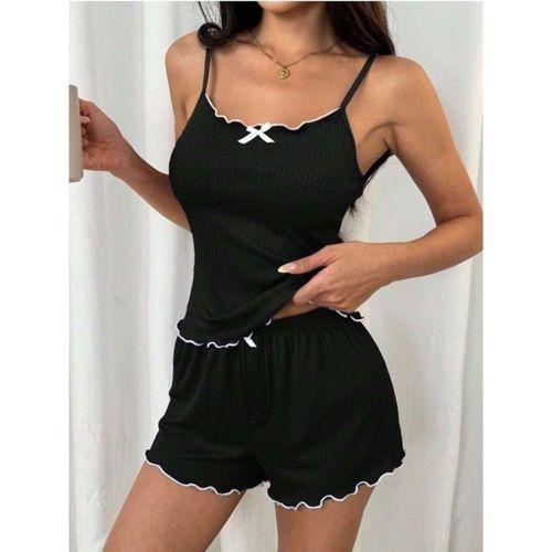Siyah Beyaz Kurdelalı Askılı Şortlu Pijama Takımı