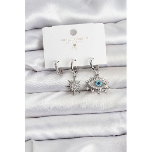 Göz Model Gümüş Renk Pirinç 3'lü Kadın Küpe Seti