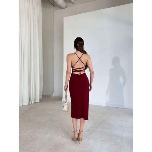 İp Askılı Sırt Dekolteli Bağlama Detaylı Yırtmaçlı Midi Elbise - Bordo