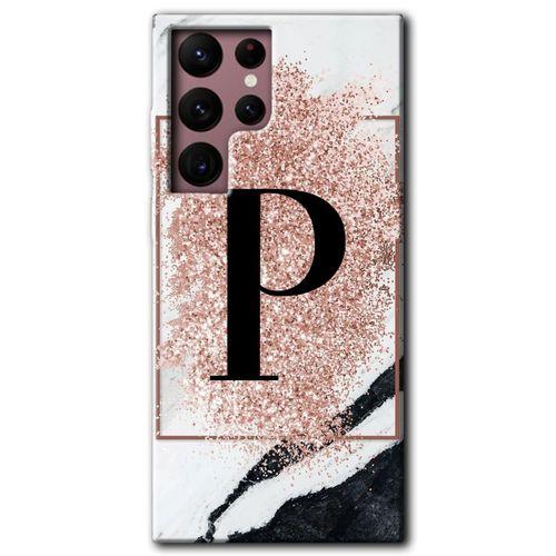 Samsung Galaxy S22 Ultra HD Baskılı Kılıf + 9D Tam Ekran Koruyucu - Pembe Mermer Desenli P Harfi