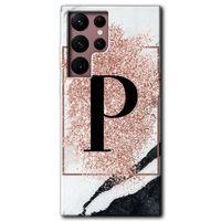 Samsung Galaxy S22 Ultra HD Baskılı Kılıf + 9D Tam Ekran Koruyucu - Pembe Mermer Desenli P Harfi