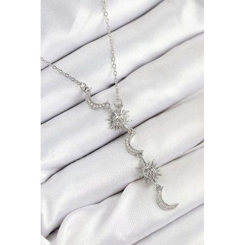 316L Çelik Zirkon Taşlı Güneş Ve Ay Model Gümüş Renk Kadın Kolye
