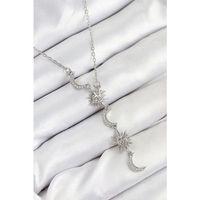 316L Çelik Zirkon Taşlı Güneş Ve Ay Model Gümüş Renk Kadın Kolye