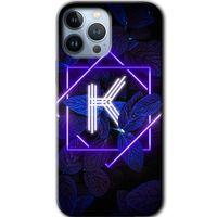 MRCİLETİSİM iPhone 13 Pro Kılıf Baskılı Kapak - Dark Neon Yaprak K Harfi + 5D Tam Kaplayan Cam
