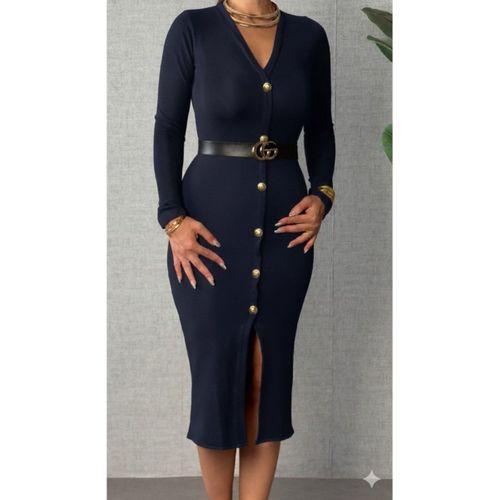 Kadın Uzun Kollu V Yakalı önden Düğmeli Yırtmaçlı Modal Midi Kemersiz Elbise