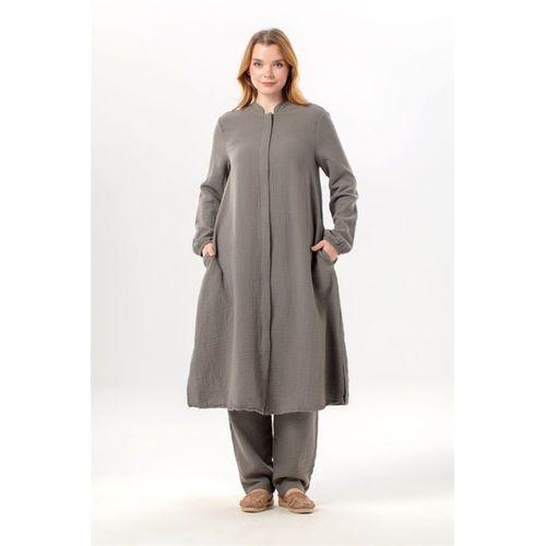 Uzun Kol Yaren Hakim Yaka Yazlık Müslin Tunik Gri Gri