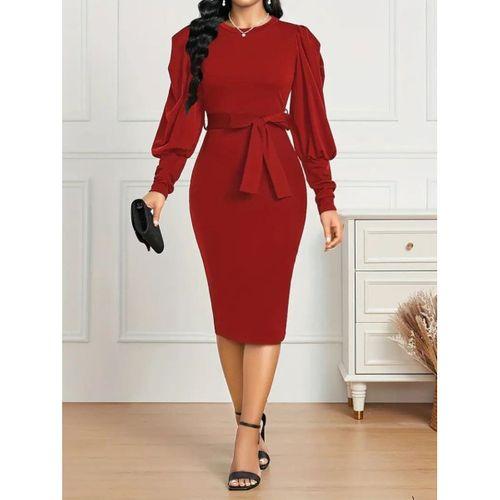 Kadın Uzun Kollu Bisiklet Yaka Beli Kuşaklı Ithal Krep Midi Elbise