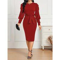 Kadın Uzun Kollu Bisiklet Yaka Beli Kuşaklı Ithal Krep Midi Elbise