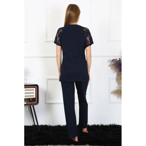 Kadın Kolu Dantelli Penye Pijama Takım Lacivert