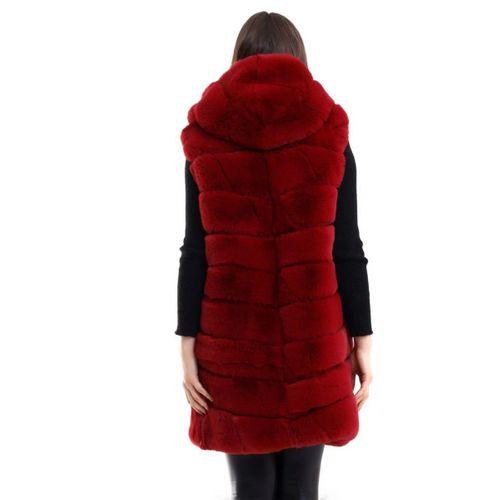 Kapşonlu Peluş Kürk Yelek Premium Kalite, Tam Astarlı, Uzun Model - Kırmızı