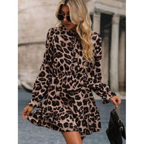Kadın Uzun Kollu Yakadan Bağcıklı Modal Leopar Desenli Mini Elbise