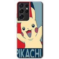 MRCİLETİSİM Samsung Galaxy S21 Ultra Kılıf HD Desen Baskılı Arka Kapak + Temperli Cam - Pikaçhu