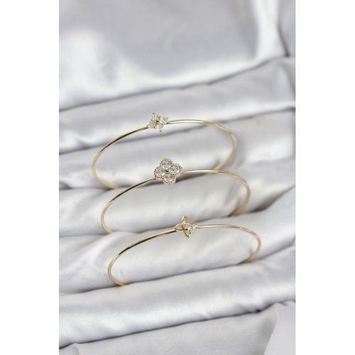 Zirkon Taşlı Gold Renk Yonca Tasarım 3'lü Kadın Bileklik Kombini