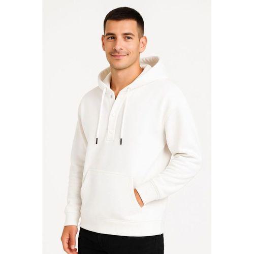 Erkek Ovarsize Kapüşonlu Swetshirt Kanguru Çepli Cıtcıtlı 3 Iplik Şardonlu Hoodie - Beyaz