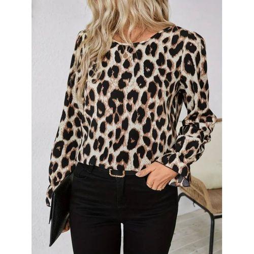 Kadın Uzun Kollu Arkadan Fiyonk Detaylı Leopar Desenli Süprem Bluz