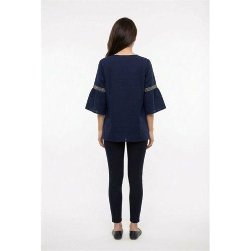 Kısa Kol Dicle Bağcıklı V Yaka Şile Bezi Yazlık Bluz Lacivert Lcvt