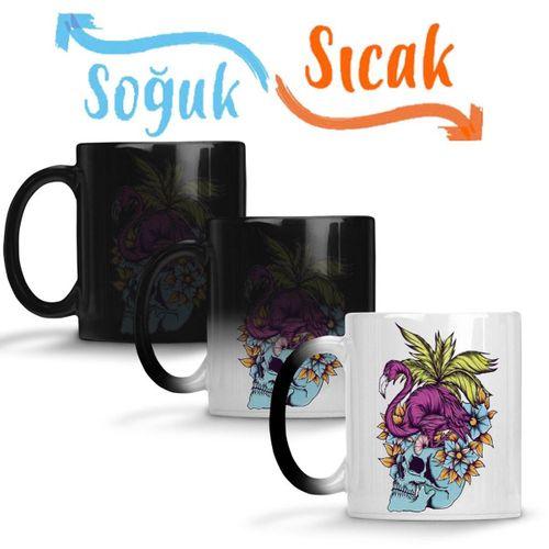 Caveira Tropical Flamingo Skull Sihirli Kupa Bardak Porselen