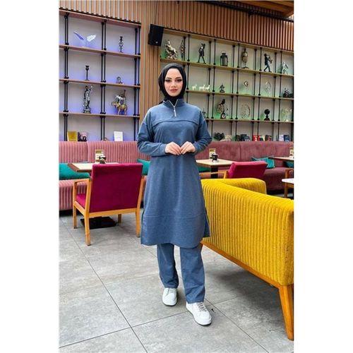 Dik Yaka Kısa Fermuarlı Yırtmaçlı Sade Basic Uzun Tunik ve Pantolon İkili Spor Takım - 03062.006 - İndigo