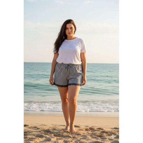 Çizgili Penye Kadın Ev Şortu Bacak Dantel Detaylı Ev Giyim Siyah