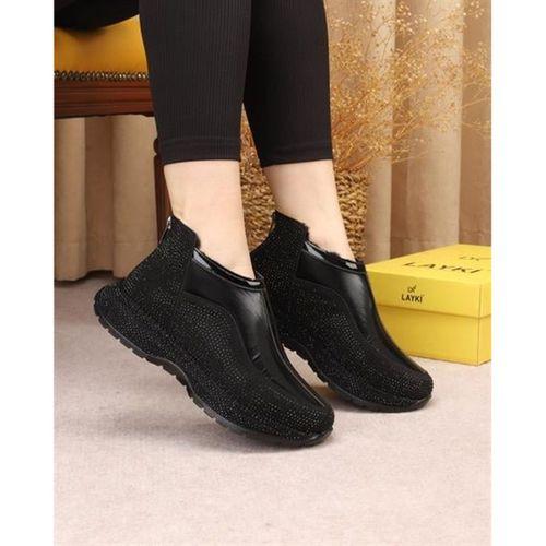 Fiora Siyah Raş Deri Taşlı Desenli Kışlık Bot