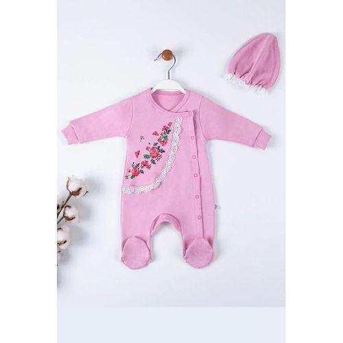 Çiçek Nakışlı Şapkalı % 100 Pamuk Kız Bebek Tulumu