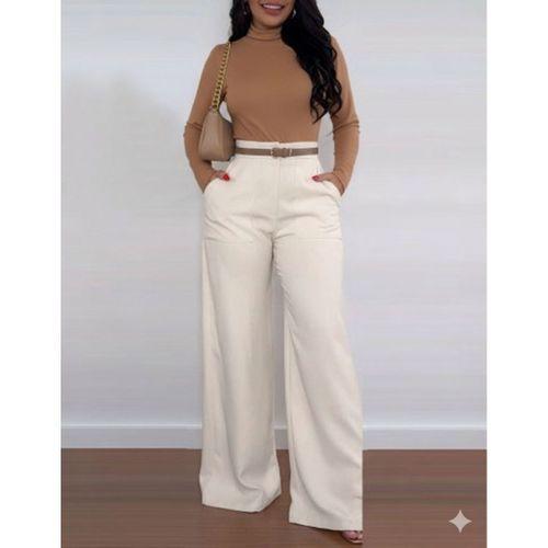 Kadın Yüksek Bel Geniş Paça Detaylı Cepli Ithal Krep Pantolon