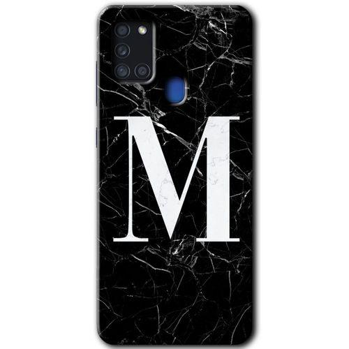 Galaxy A21s Kılıf HD Desen Baskılı Arka Kapak - Siyah Mermer Desenli M Harfi