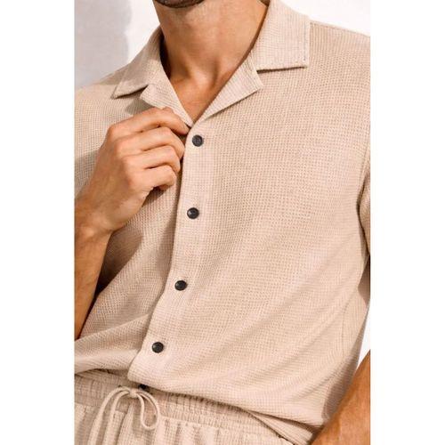 Erkek Waffle Kumaş Kısa Kollu Gömlek Şort Takım Regular Fit Yazlık İkili Set - Bej