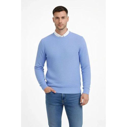 Erkek Bisiklet Yaka Petekli Dokulu Triko Kazak Pamuklu Ince Dokuma, Uzun Kollu Rahat Regular Kalıp - Mavi