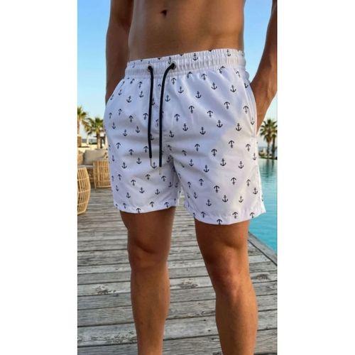 Erkek Deniz Şortu Fermuarlı Cepli File Astarlı Hızlı Kuruyan Premium - Beyaz