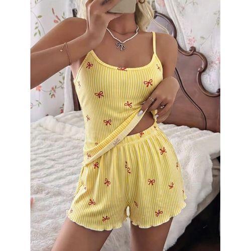 Kadın Sarı İnce Askılı Şortlu Pijama Takımı 5270