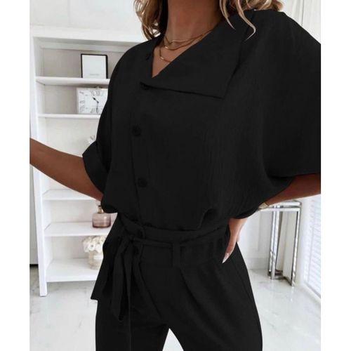 Kadın Kısa Kollu Yakalı önden Düğmeli Bürümcük Bluz Ve Pantolon Ikili Takım