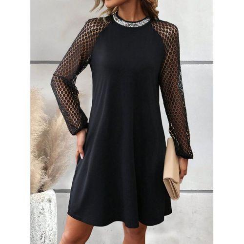 Kadın Uzun Kollu Yarı Balıkçı Yaka Pulpayetli Kolları Dantel Detaylı Mini Ithal Krep Elbise