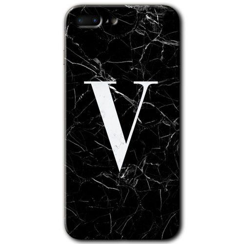 MRCİLETİSİM iPhone 8 Plus Kılıf Baskılı Kapak - Siyah Mermer Desenli V Harfi + 5D Tam Kaplayan Cam